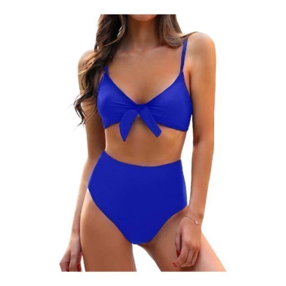 High Waisted Bikini Set Tie Knot V-Neck Swimsuit Blue Size Small NWT #1030